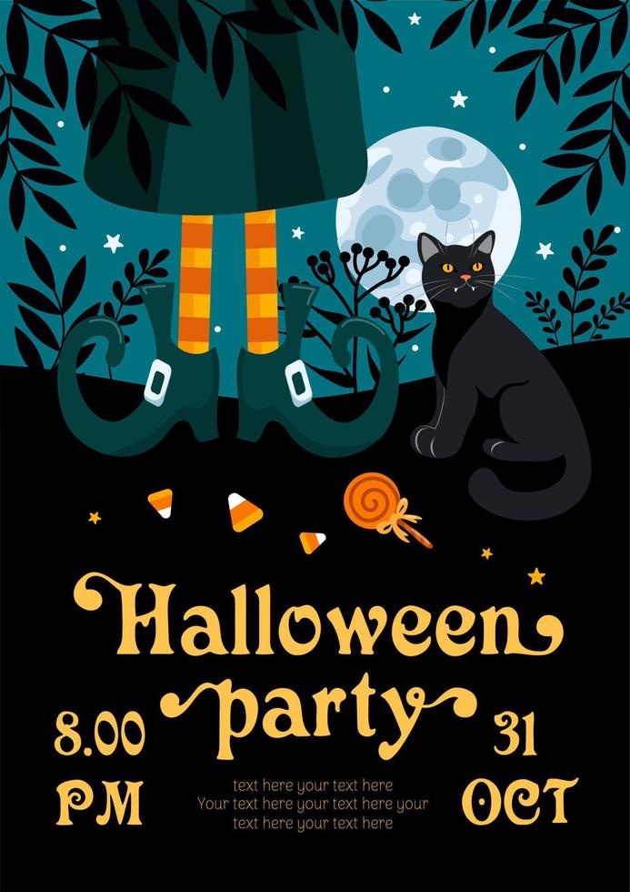 halloween partij folder. helder vector illustratie. zwart kat, heks gestreept kousen, lolly, maan. voor reclame banier, poster, folder.