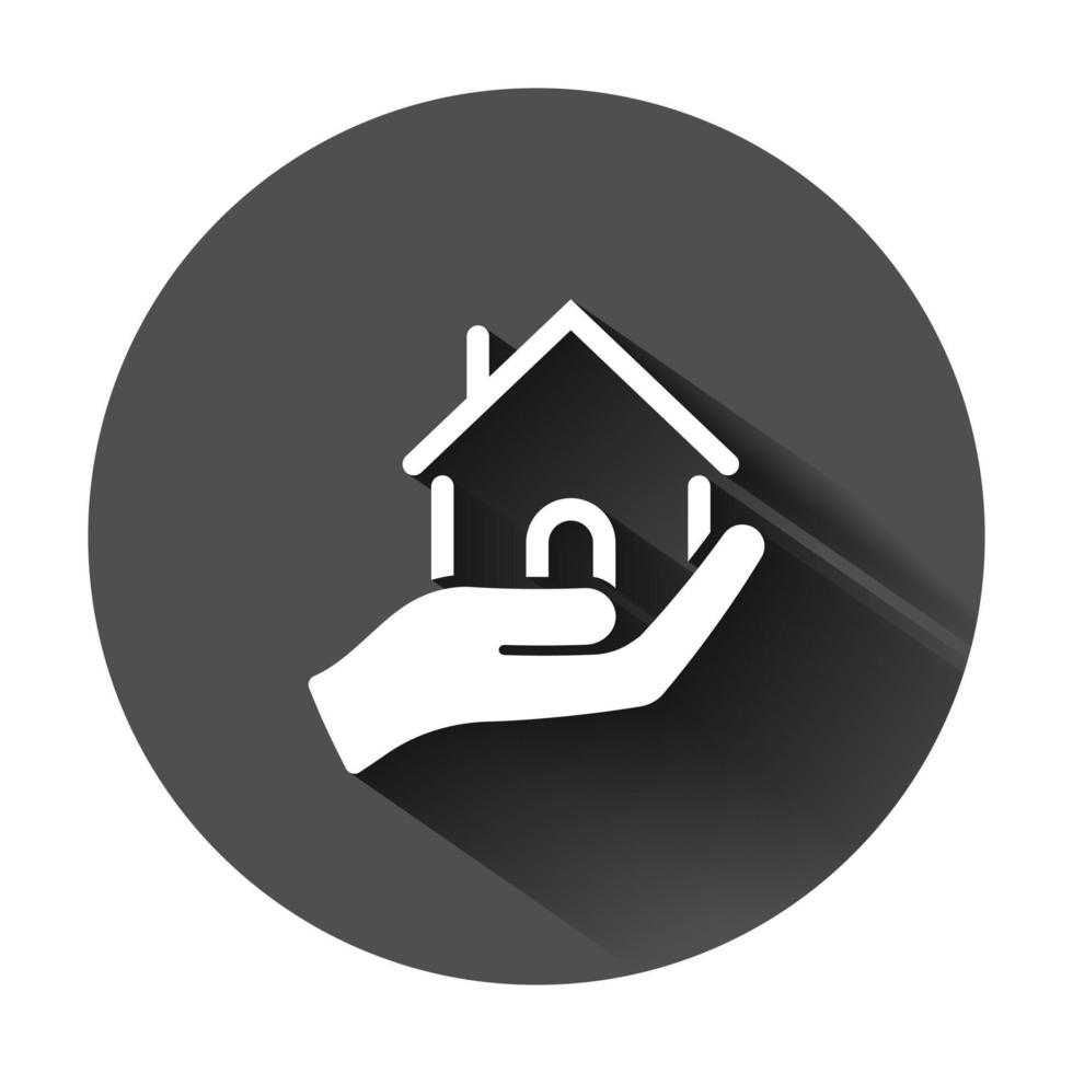 huis zorg icoon in vlak stijl. hand- houden huis vector illustratie Aan zwart ronde achtergrond met lang schaduw. gebouw kwaliteit bedrijf concept.