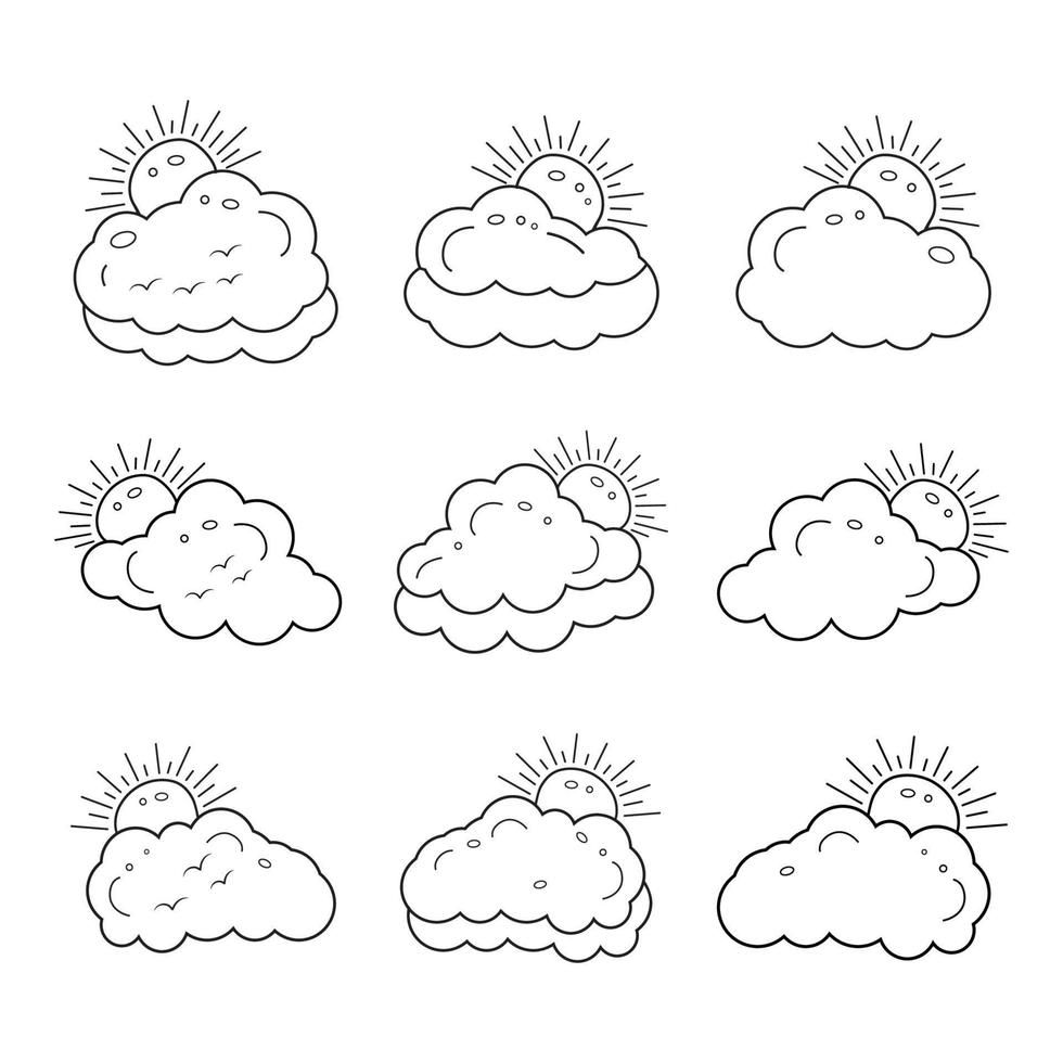 reeks van zon en wolken lijn kunst tekening stijl, weer pictogrammen, wolken in de hemel, zon en wolk kinderen tekening voor kinderkamer, zon achter de wolken, zwart en wit hand- getrokken vector illustratie.