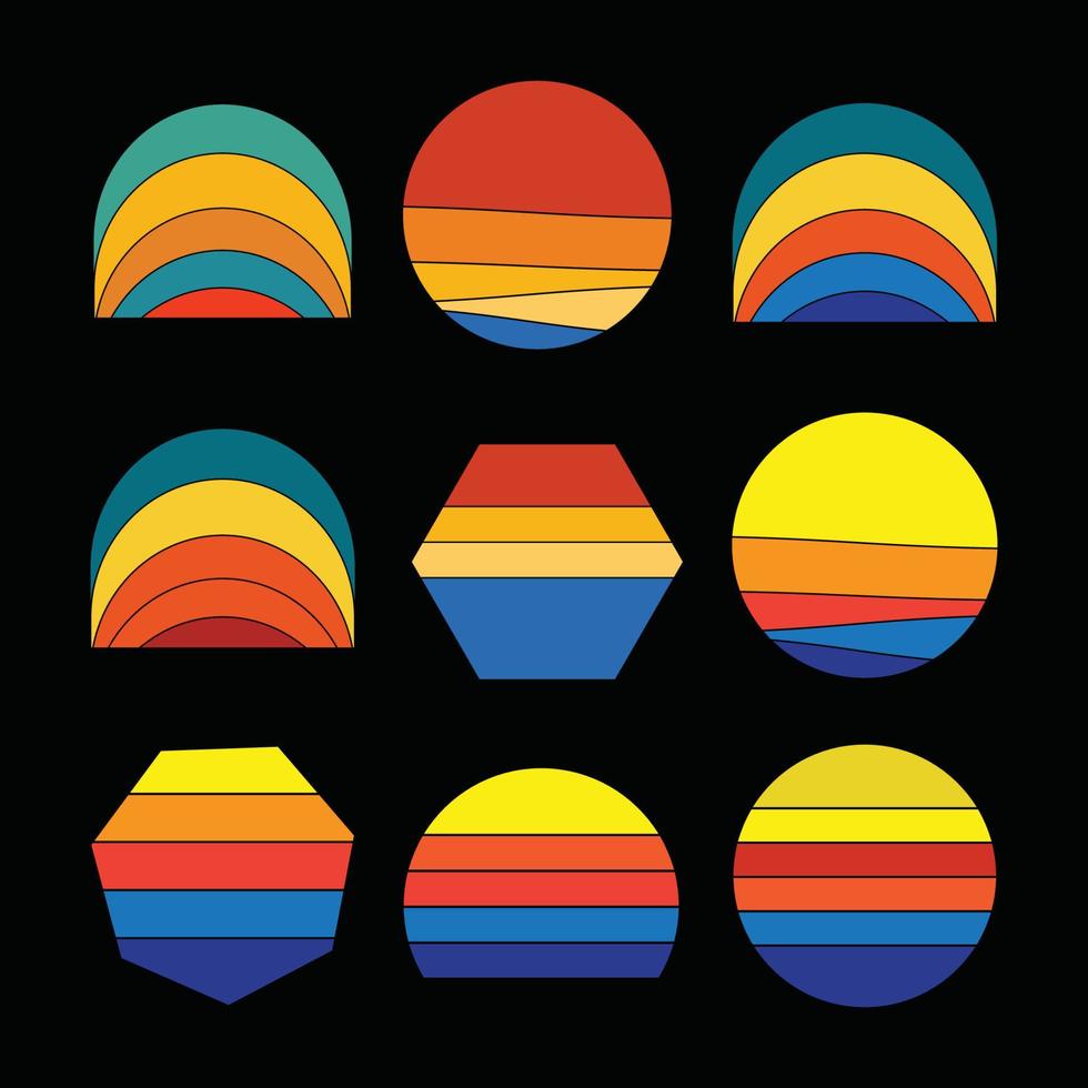 reeks van wijnoogst retro zonsondergang illustraties vector achtergrond, jaren 70 80s oud kleur, verschillend vorm retro zonsondergang stijl verzameling ontwerp element voor sticker, logo, icoon, t-shirt, spandoeken, afdrukken.