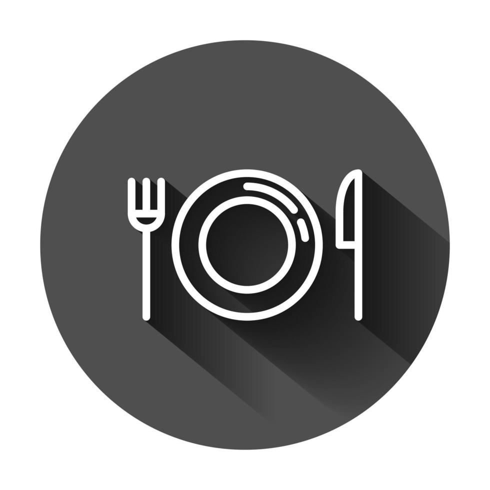 vork, mes en bord icoon in vlak stijl. restaurant vector illustratie Aan zwart ronde achtergrond met lang schaduw. avondeten bedrijf concept.