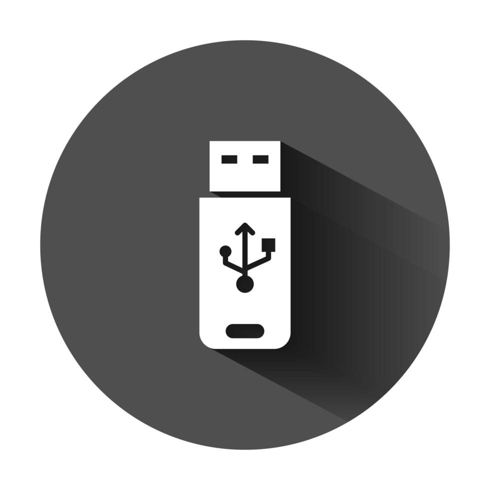 USB rit icoon in vlak stijl. flash schijf vector illustratie Aan zwart ronde achtergrond met lang schaduw. digitaal geheugen bedrijf concept.