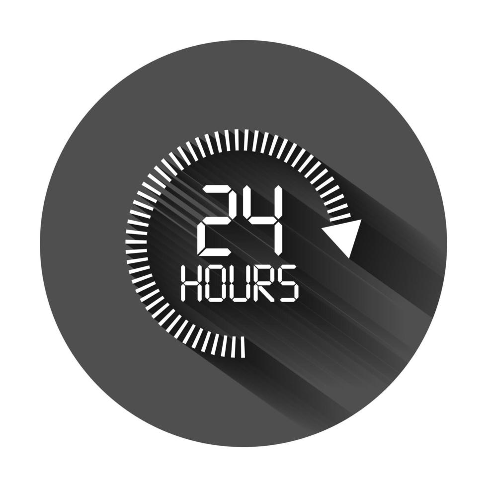 24 uren klok teken icoon in vlak stijl. twintig vier uur Open vector illustratie Aan zwart ronde achtergrond met lang schaduw. rooster bedrijf concept.