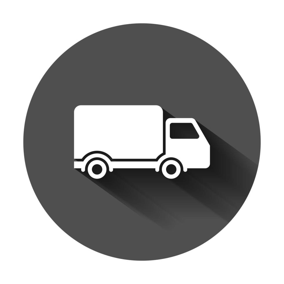 levering vrachtauto teken icoon in vlak stijl. busje vector illustratie Aan zwart ronde achtergrond met lang schaduw. lading auto bedrijf concept.