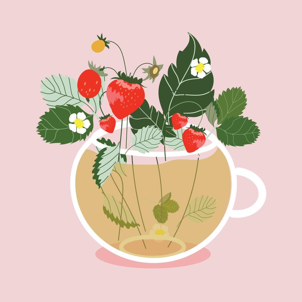 een kop van thee met bloemen en bessen. modieus hand- getrokken vector illustratie van een kop gevulde met bloemen en aardbeien. romantisch voorjaar geïsoleerd ontwerp voor groet kaart, web banier, post