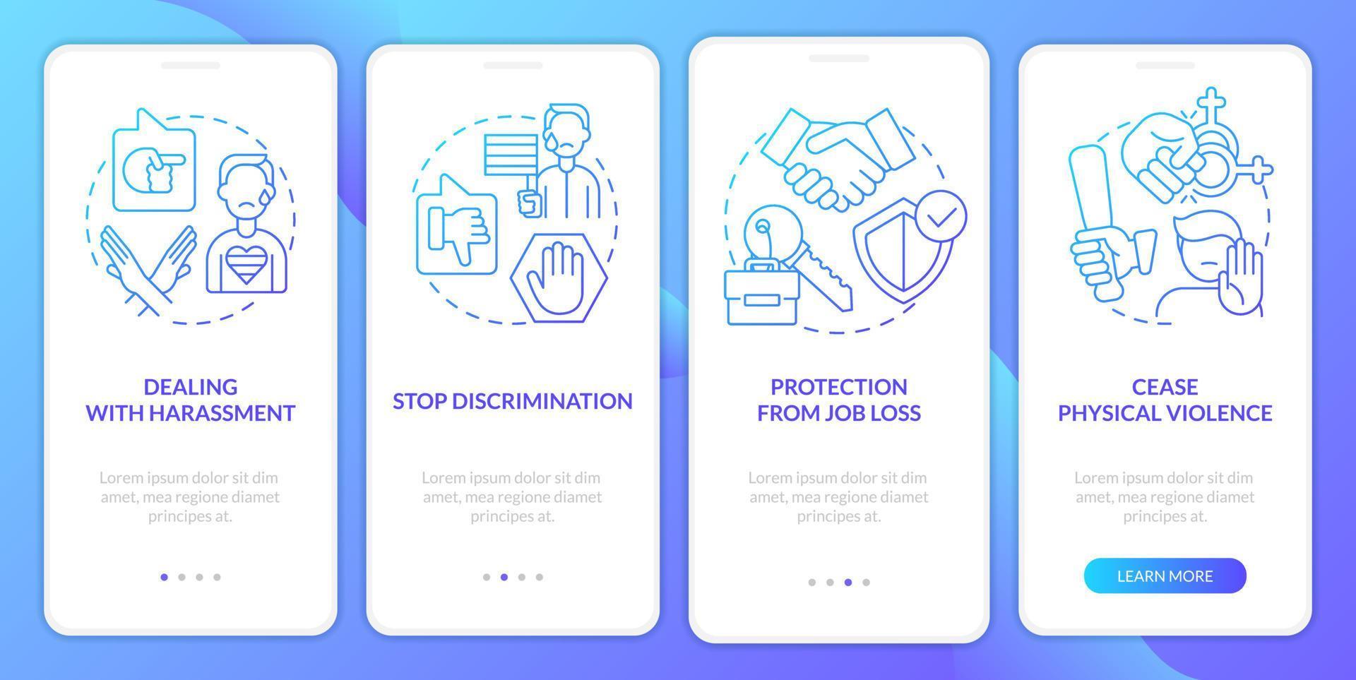 omgang met lgbt problemen blauw helling onboarding mobiel app scherm. walkthrough 4 stappen grafisch instructies met lineair concepten. ui, ux, gui sjabloon vector