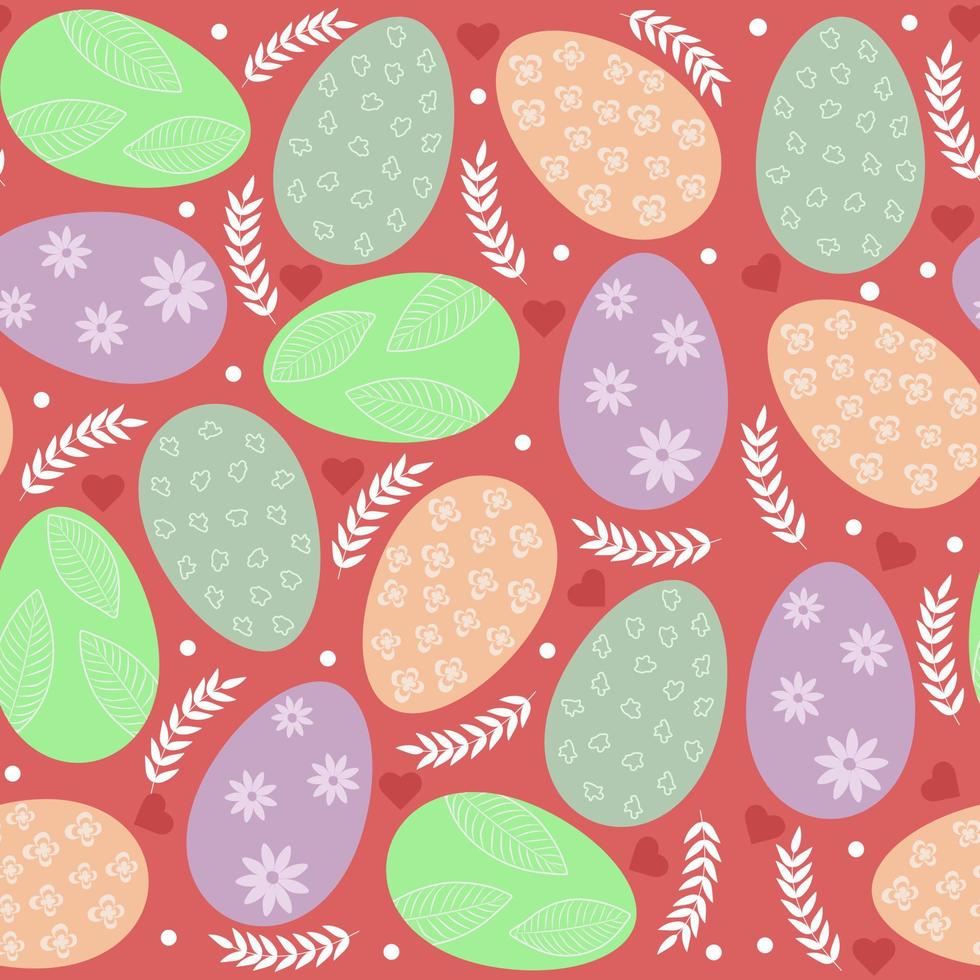 naadloos Pasen achtergrond met kleurrijk Pasen eieren, een takje van bladeren en harten, Aan een kers achtergrond. vector
