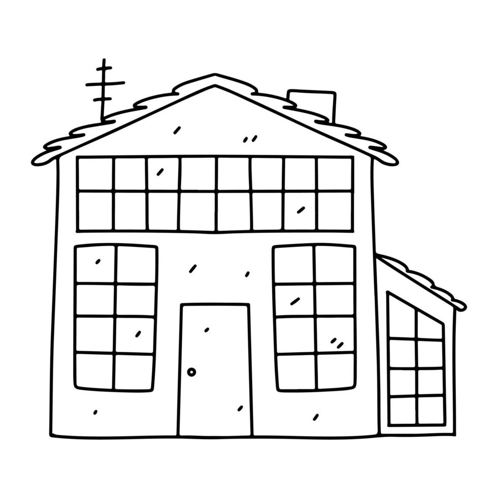 huis gebouw in hand- getrokken tekening stijl. vector icoon. architectuur, bouw, dorp, Startpagina. kleur boek bladzijde voor kinderen.