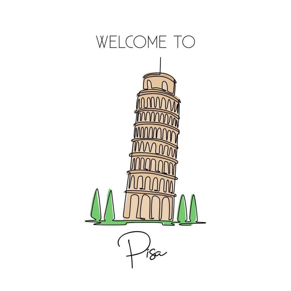 enkele lijntekening van de magere toren van pisa. prachtige historische iconische plek op Piazza del Duomo. ansichtkaart en home decor kunst aan de muur poster print. moderne doorlopende lijn tekenen ontwerp vectorillustratie vector