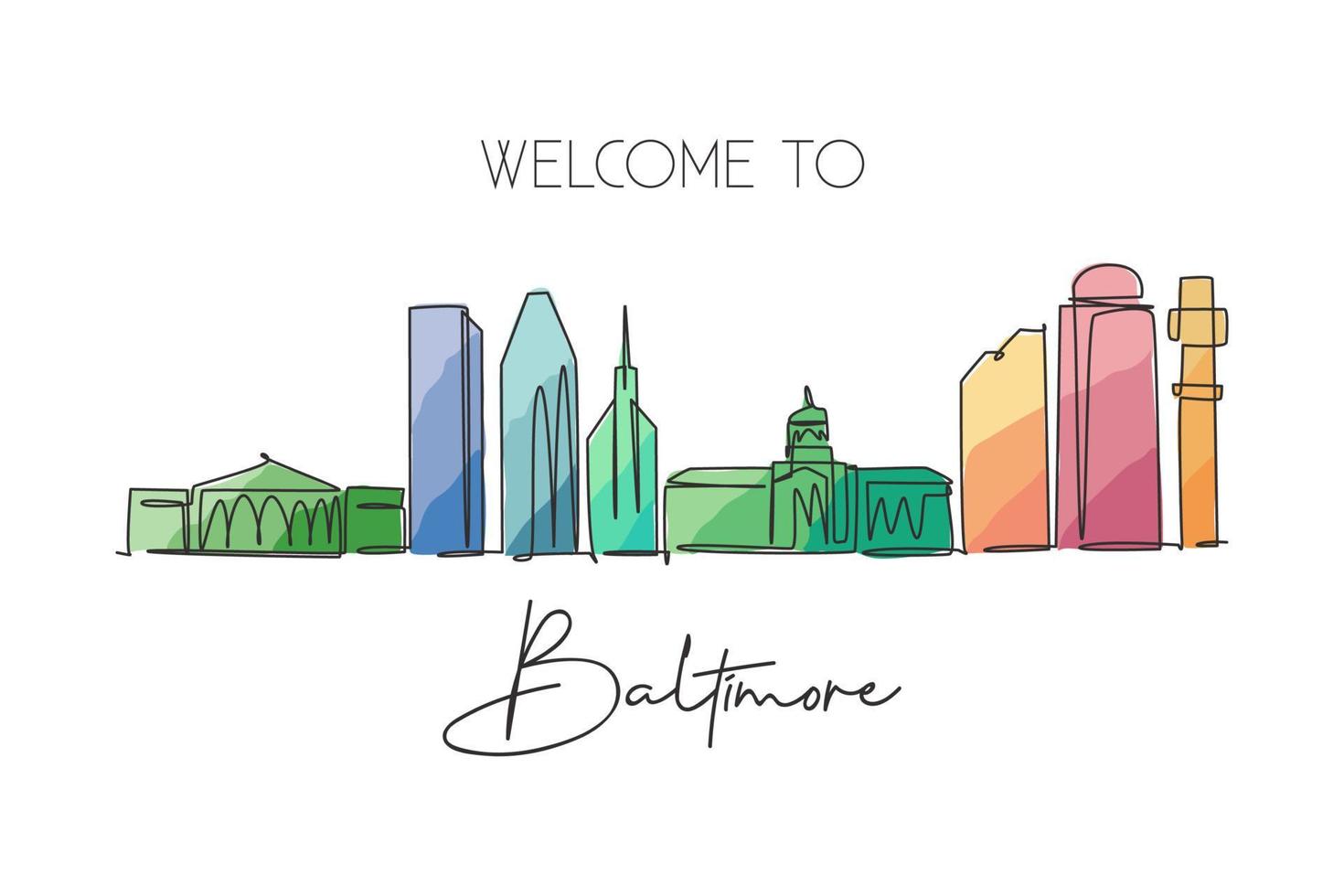 een doorlopende lijntekening van de skyline van de stad Baltimore, Verenigde Staten. mooi oriëntatiepunt. wereld landschap toerisme reizen vakantie poster kunst. bewerkbare stijlvolle lijn enkele lijn tekenen ontwerp vectorillustratie vector