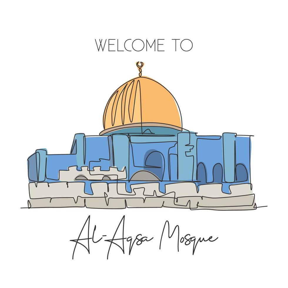 enkele doorlopende lijntekening al aqsa moskee landmark. heilige moskee in Jeruzalem. wereld reis campagne home kunst muur decor poster print concept. dynamische één lijn tekenen ontwerp vectorillustratie vector