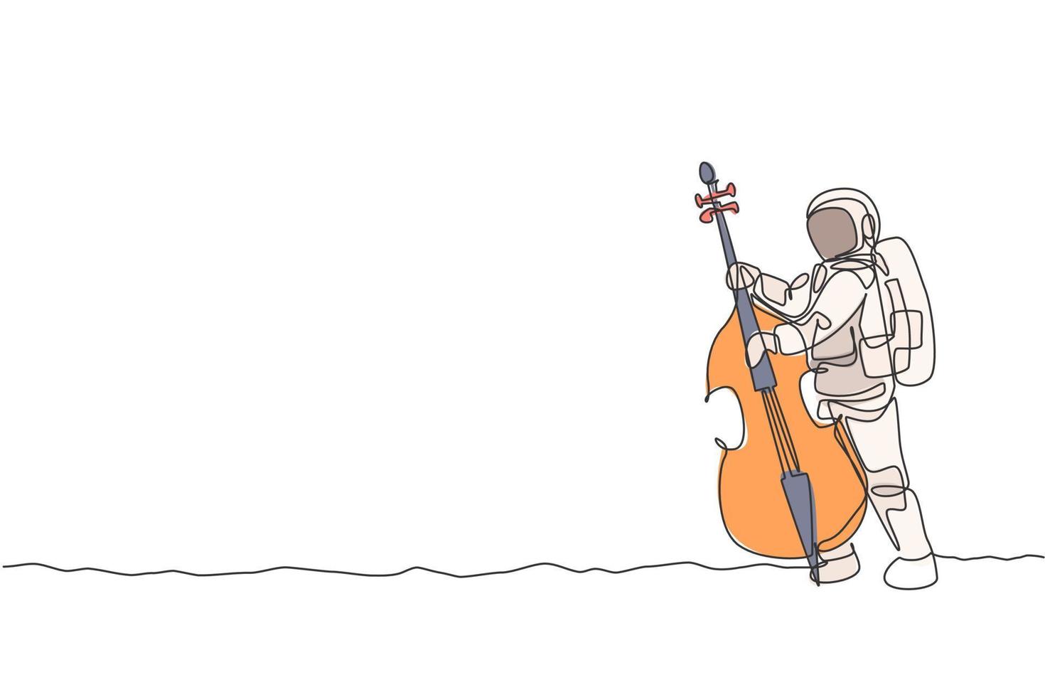 een enkele lijntekening van spaceman cellist cello muziekinstrument spelen op maan oppervlak vectorillustratie. muziek concert poster met ruimte astronaut concept. modern ononderbroken lijntekeningontwerp vector