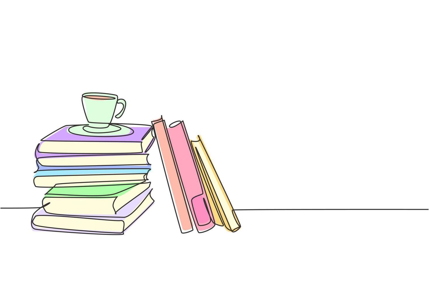 een doorlopende lijntekening van stapel boeken en een kopje koffie op kantoor. werkruimte tafel met boeken stapel concept. enkele lijn tekenen ontwerp illustratie vector