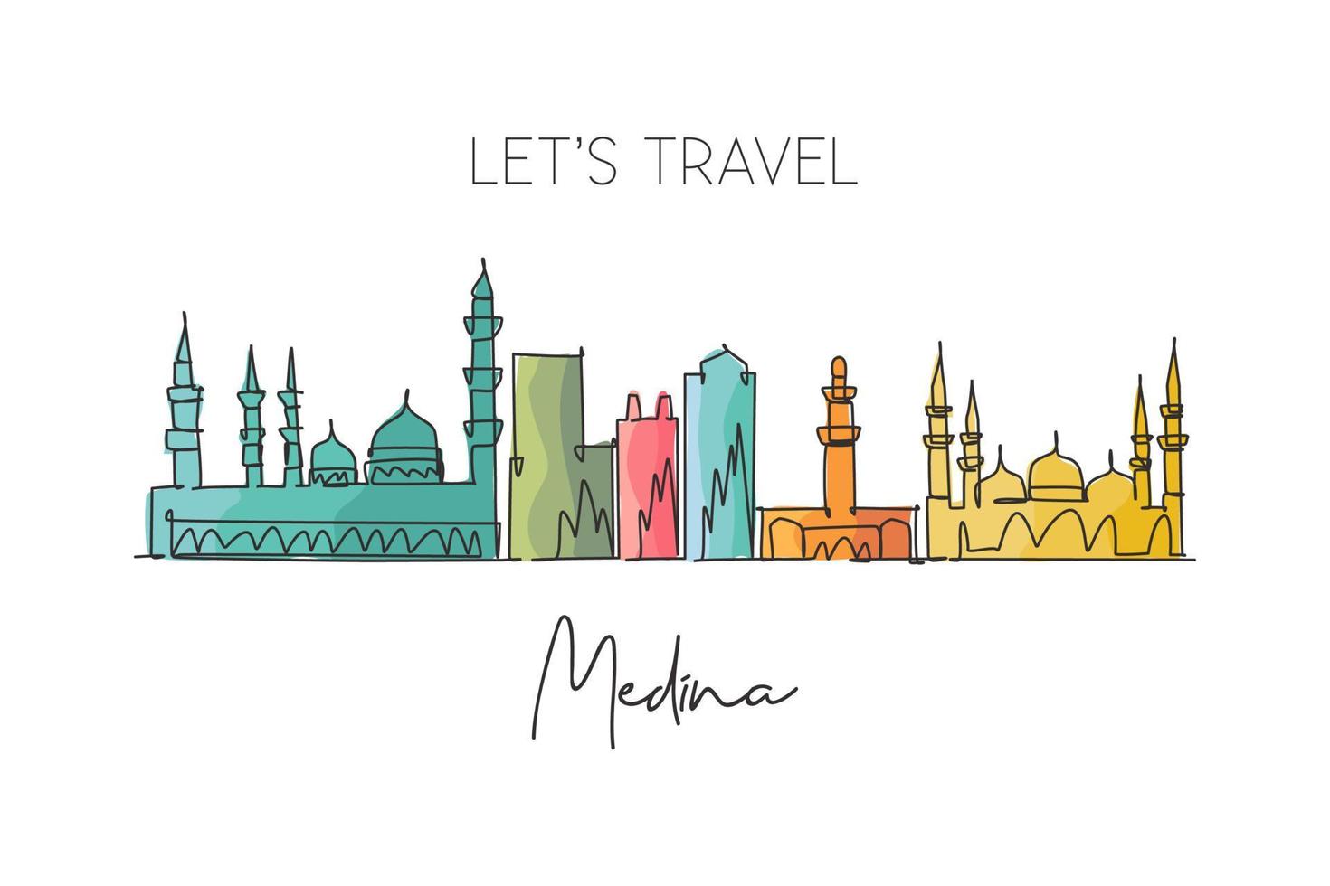 enkele doorlopende lijntekening medina skyline saoedi-arabië. beroemde stad schraper landschap ansichtkaart print kunst. wereld reisbestemming concept. moderne één lijn tekenen ontwerp vector grafische afbeelding