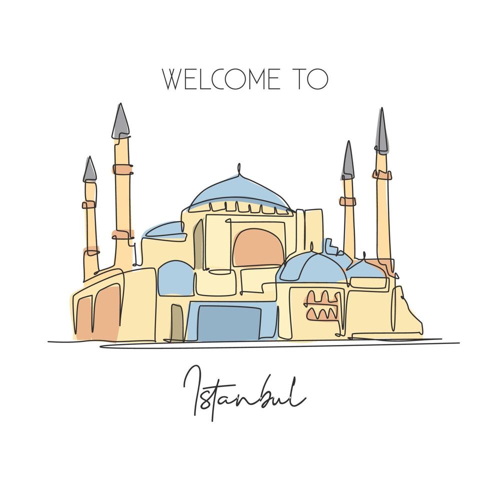 een enkele lijntekening hagia sophia of aya sofia museum. wereldberoemde plaats in turkije. toerisme reizen muur decor poster print briefkaart concept. moderne doorlopende lijn tekenen ontwerp vectorillustratie vector