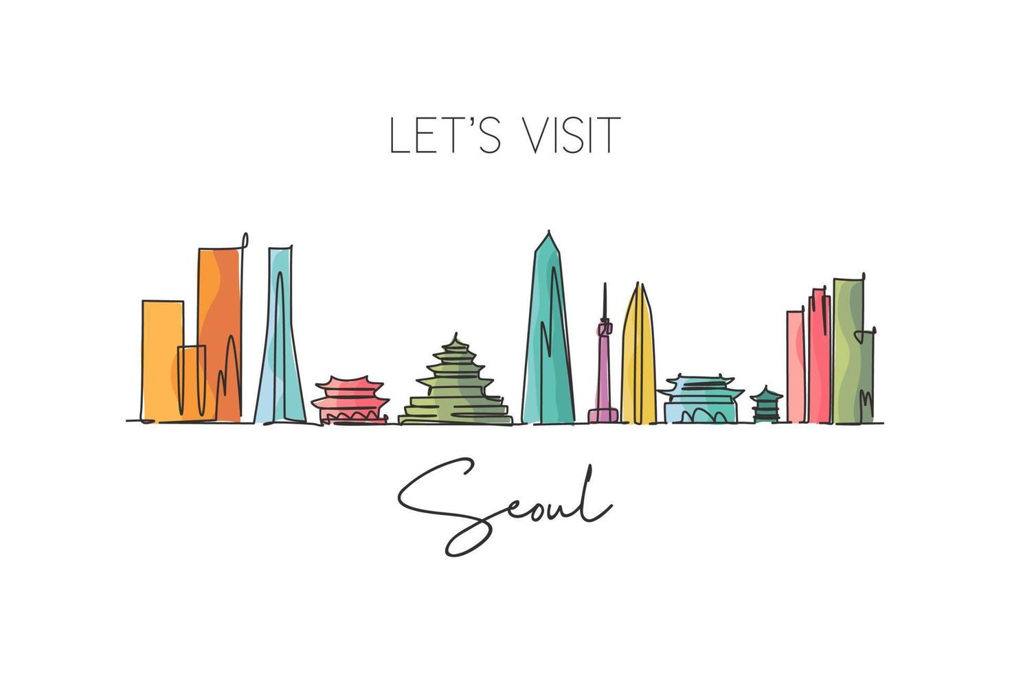 enkele doorlopende lijntekening seoul skyline, zuid-korea. beroemde stad schraper landschap muur decor poster print kunst. wereld reisbestemming concept. moderne één lijn tekenen ontwerp vectorillustratie vector