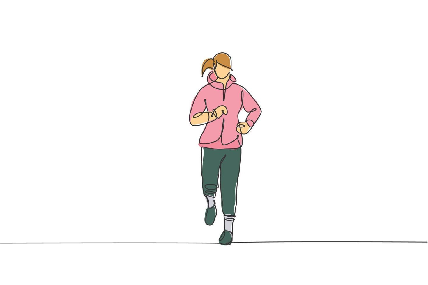 een doorlopend lijn tekening van jong sportief loper vrouw kom tot rust rennen Bij platteland. gezond levensstijl en pret jogging sport concept. dynamisch single lijn trek ontwerp vector illustratie grafisch