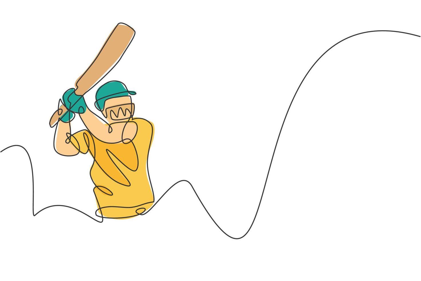 een enkele lijntekening van jonge energieke man cricket speler praktijk om de bal precies te raken vectorillustratie. sportconcept. modern ononderbroken lijntekeningontwerp voor cricketwedstrijdbanner vector