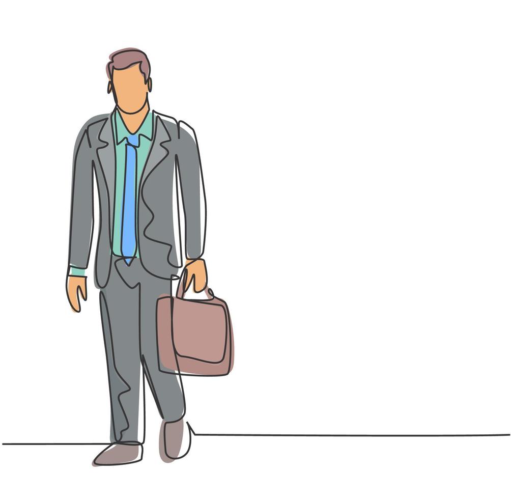 een enkele lijntekening van een jonge mannelijke manager die op straat loopt om naar kantoor te gaan terwijl hij een koffer vasthoudt. stedelijke forens werknemer concept continu lijn tekenen ontwerp vectorillustratie vector