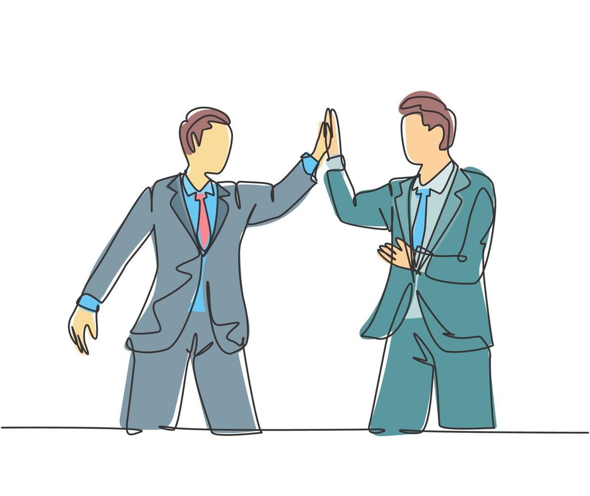 een lijntekening van twee jonge gelukkige zakenlieden die hun opeenvolgende doel vieren tijdens de zakelijke bijeenkomst met een high five-gebaar. zakelijke deal concept doorlopende lijn tekenen ontwerp vectorillustratie vector