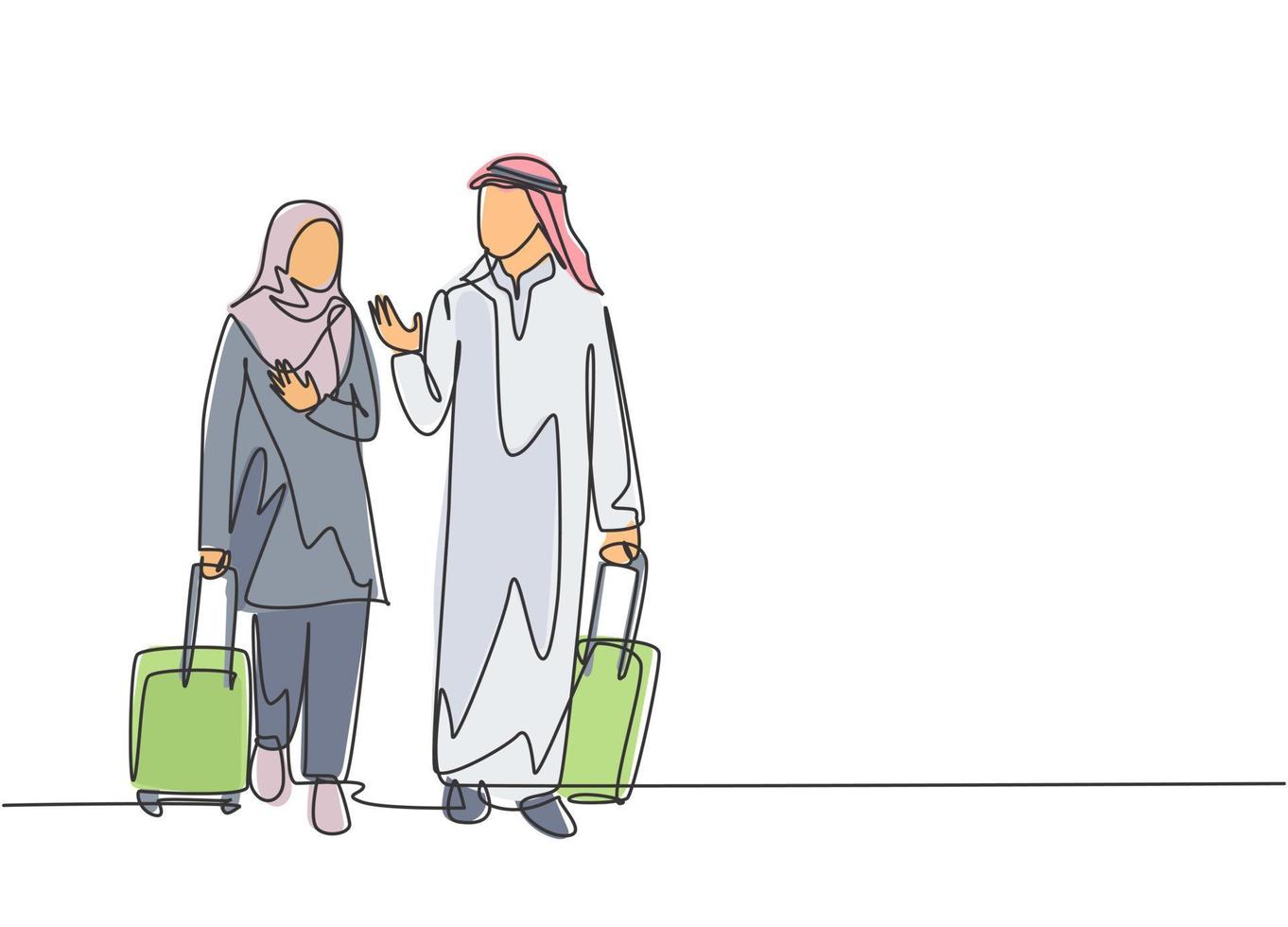 enkele doorlopende lijntekening van jonge mannelijke en vrouwelijke moslimmanagers die praten na een zakenreis naar het buitenland. Arabische Midden-Oosten doek kandura, thawb, hijab. één lijn tekenen ontwerp vectorillustratie vector