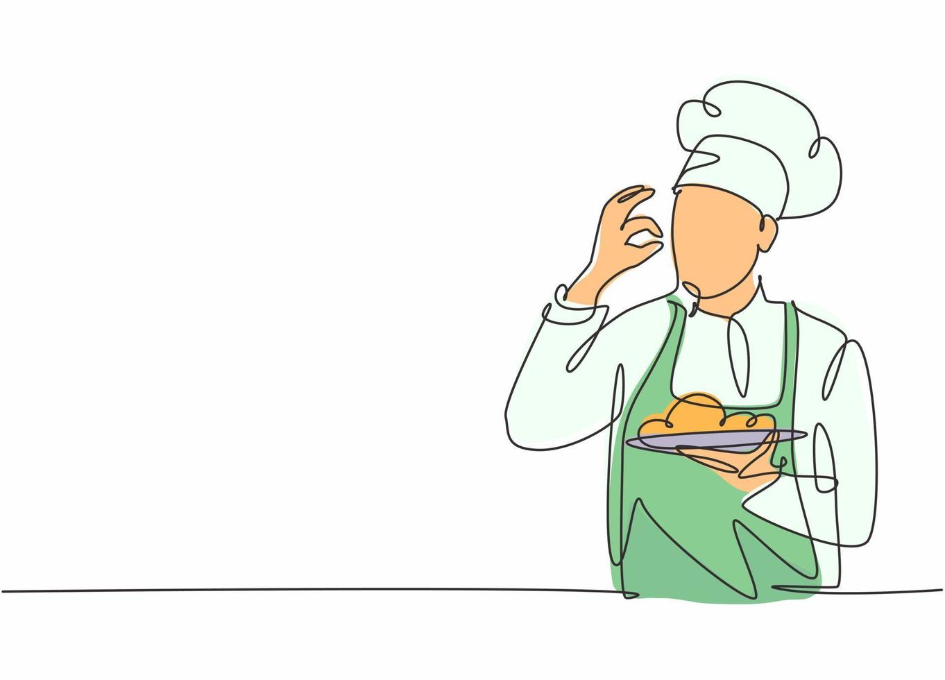 enkele lijntekening van een jonge aantrekkelijke mannelijke chef-kok die een uitstekend smaakgebaar maakt voor een heerlijke hoofdgerechtmaaltijd die hij serveerde. hotel restaurant trendy één regel hand getekende vector illustratie minimalisme