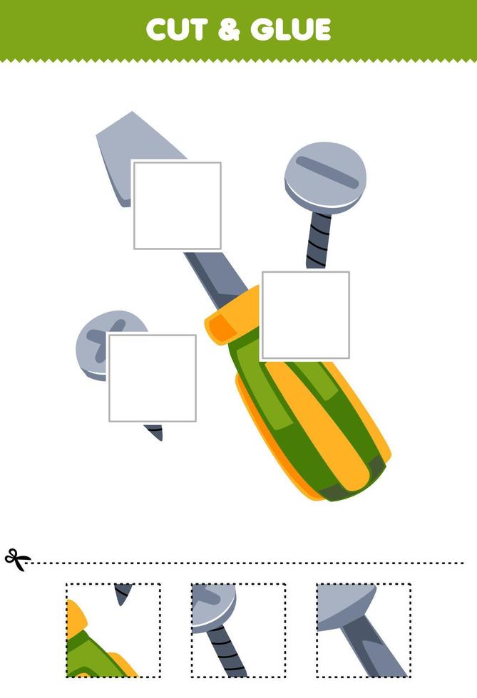 onderwijs spel voor kinderen besnoeiing en lijm besnoeiing onderdelen van schattig tekenfilm schroef en schroevedraaier afbeelding afdrukbare gereedschap werkblad vector