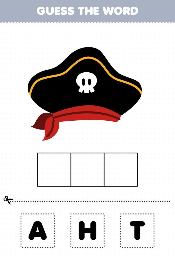 onderwijs spel voor kinderen Raad eens de woord brieven beoefenen van schattig tekenfilm hoed afdrukbare piraat werkblad vector