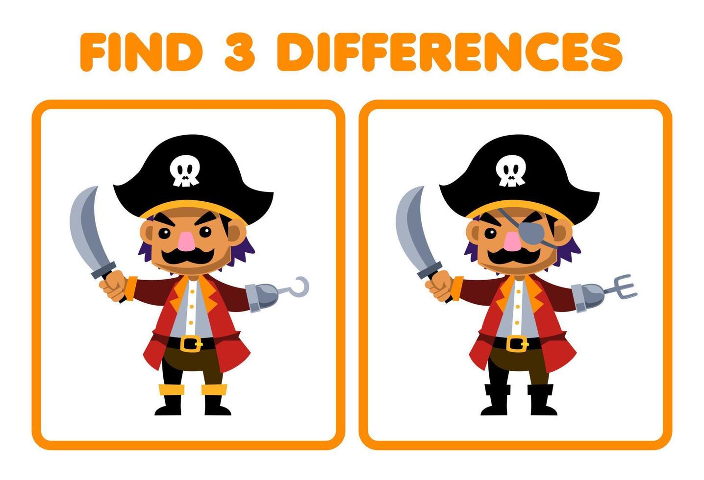 onderwijs spel voor kinderen vind drie verschillen tussen twee schattig tekenfilm gezagvoerder karakter afdrukbare piraat werkblad vector