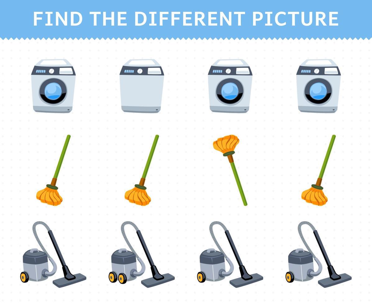 onderwijs spel voor kinderen vind de verschillend afbeelding in elk rij van schattig tekenfilm het wassen machine dweilen vacuüm schoonmaakster afdrukbare gereedschap werkblad vector