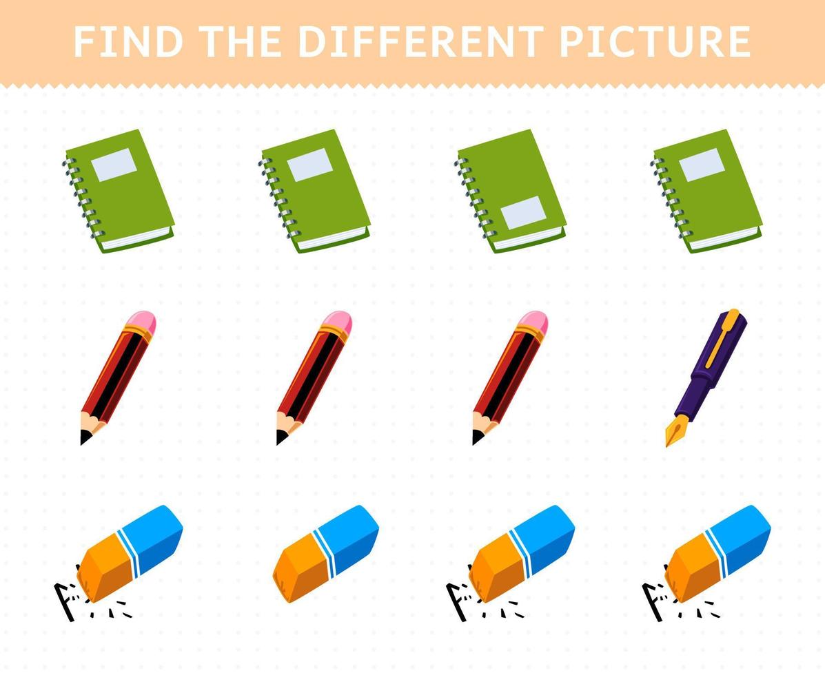 onderwijs spel voor kinderen vind de verschillend afbeelding in elk rij van schattig tekenfilm boek potlood gom afdrukbare gereedschap werkblad vector