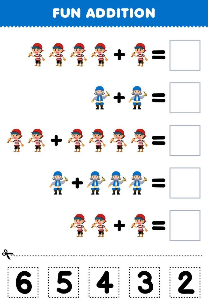 onderwijs spel voor kinderen pret toevoeging door besnoeiing en bij elkaar passen correct aantal voor schattig tekenfilm jongen en oud Mens afdrukbare piraat werkblad vector