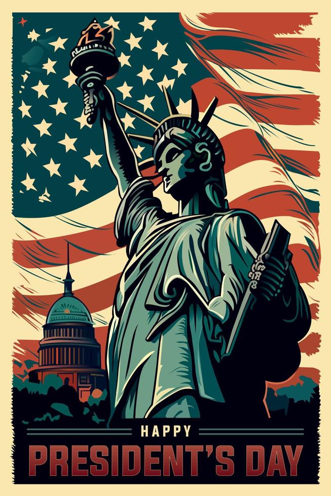 een dag naar herinneren, vieren presidenten dag met dankbaarheid en respect. vrijheid standbeeld net zo een icoon van Verenigde Staten van Amerika met vlag achtergrond vector