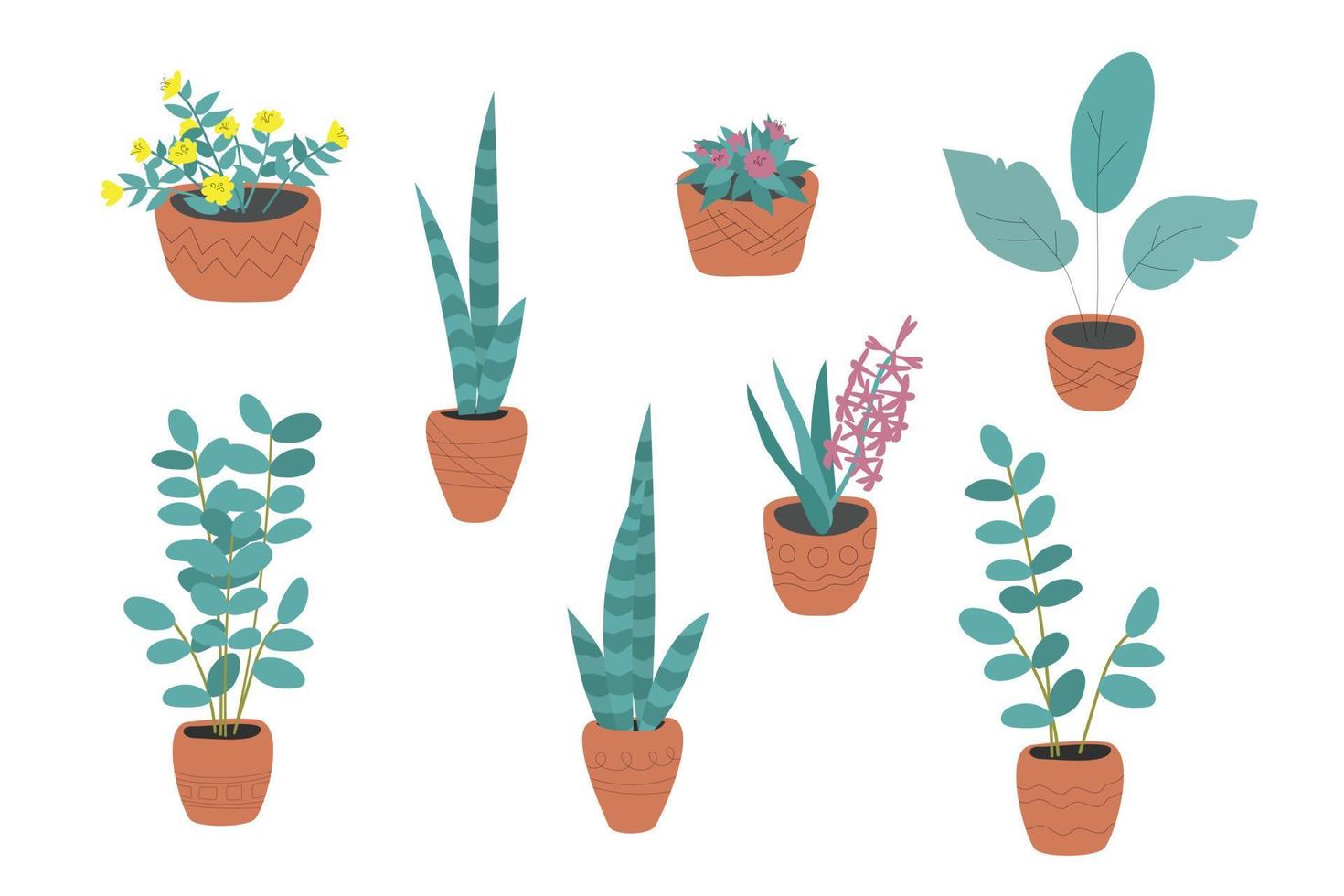 reeks van huis planten in keramisch potten. vector illustratie in hand- getrokken stijl. roze bloemen, harten en bladeren in pastel kleuren.