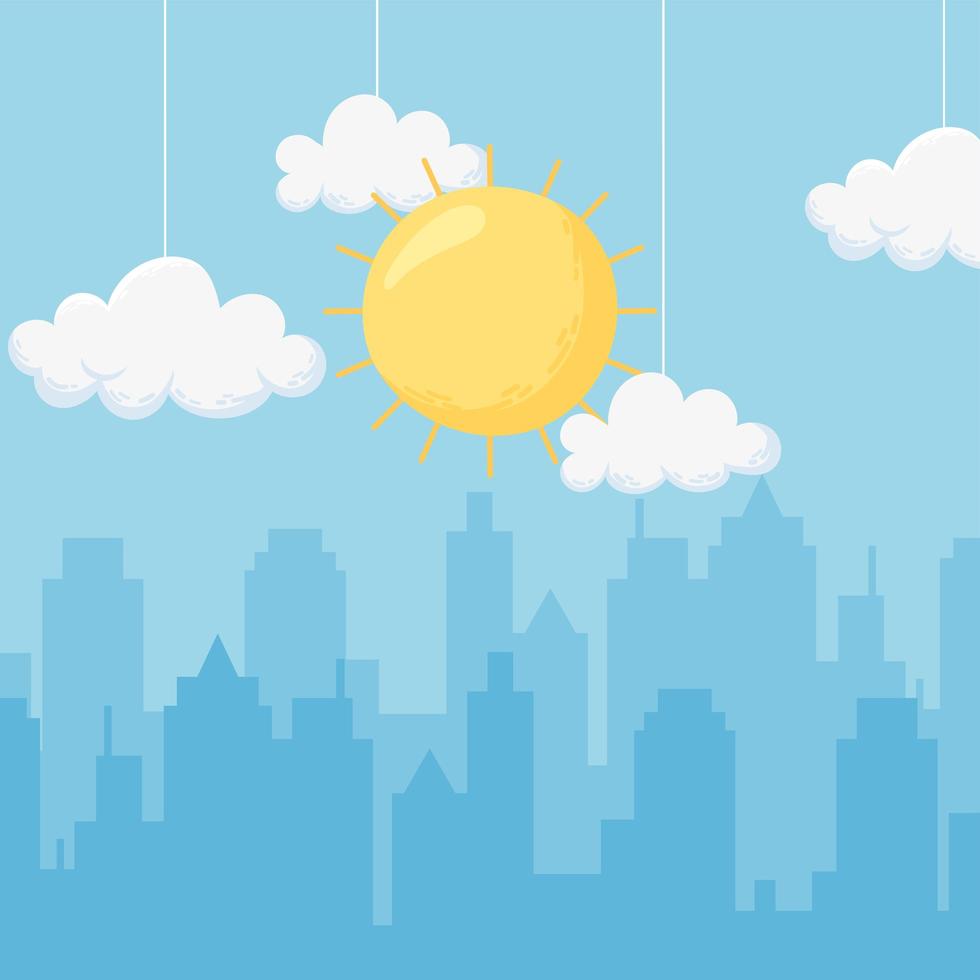 cartoon hemel met felle zon met stadsgezicht vector