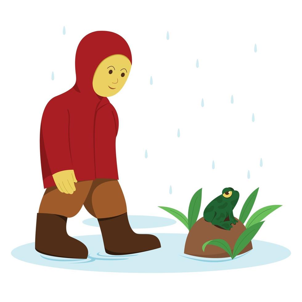 kleine jongen in rode regenjas en kikker in de regen. vector