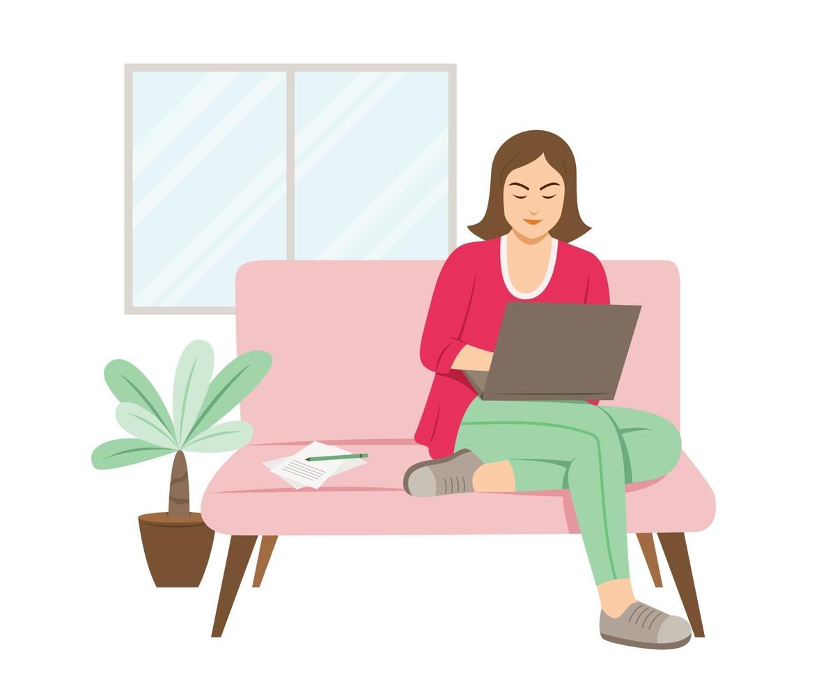 freelance vrouw online werken met laptop vector