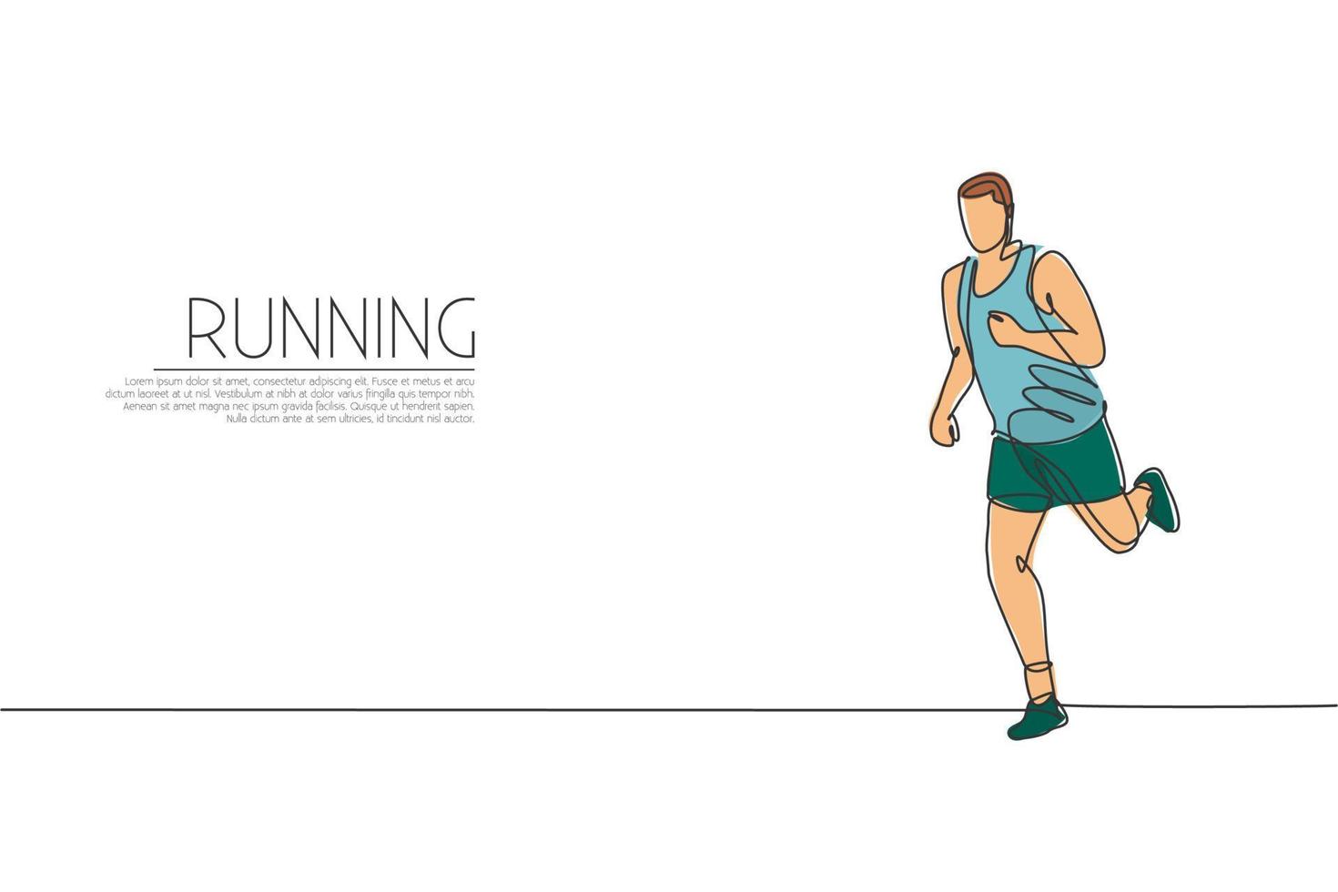 een enkele lijntekening energieke jongeman runner focus run ontspannen vector grafische afbeelding. individuele sporten, trainingsconcept. modern ononderbroken lijntekeningontwerp voor het runnen van wedstrijdbanner