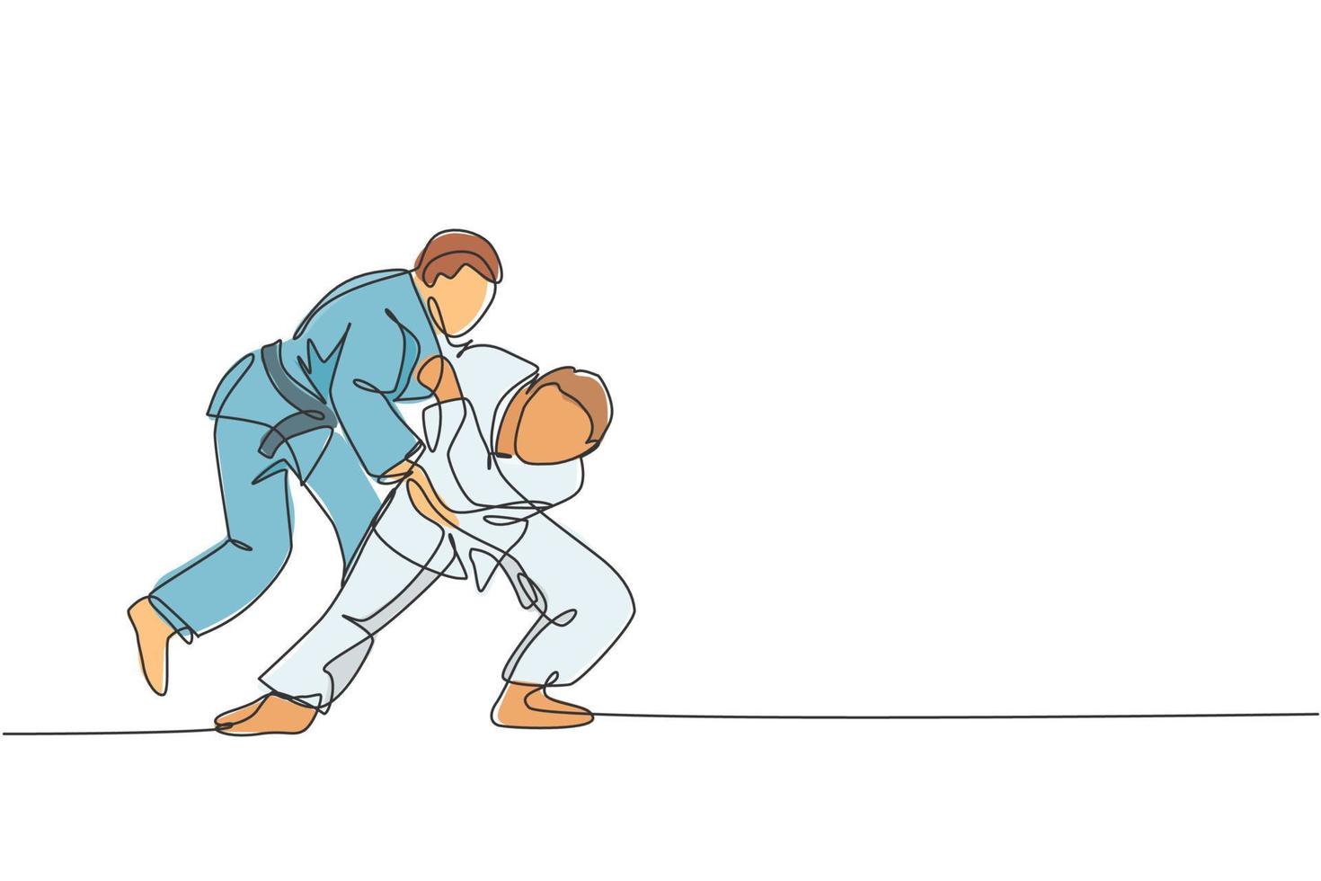 een enkele lijntekening van twee jonge energieke judoka's vechter mannen focus strijd vechten op sportschool centrum vectorillustratie. vechtsport sport concurrentie concept. modern ononderbroken lijntekeningontwerp vector