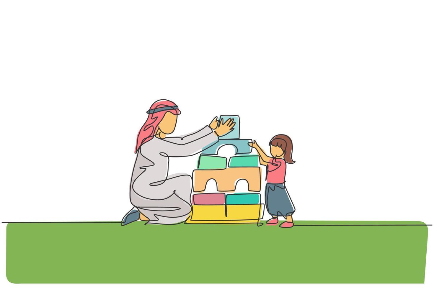 een enkele lijntekening van jonge islamitische vader die blokschuimpuzzelhuis speelt met zijn dochter thuis vectorillustratie. gelukkig arabisch familie ouderschap concept. modern ononderbroken lijntekeningontwerp vector