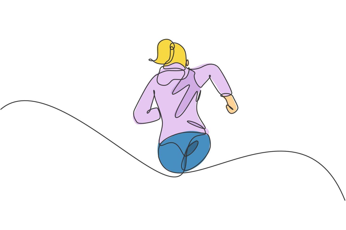 een doorlopend lijn tekening van jong sportief loper vrouw kom tot rust rennen Bij platteland. gezond levensstijl en pret jogging sport concept. dynamisch single lijn trek ontwerp vector illustratie grafisch