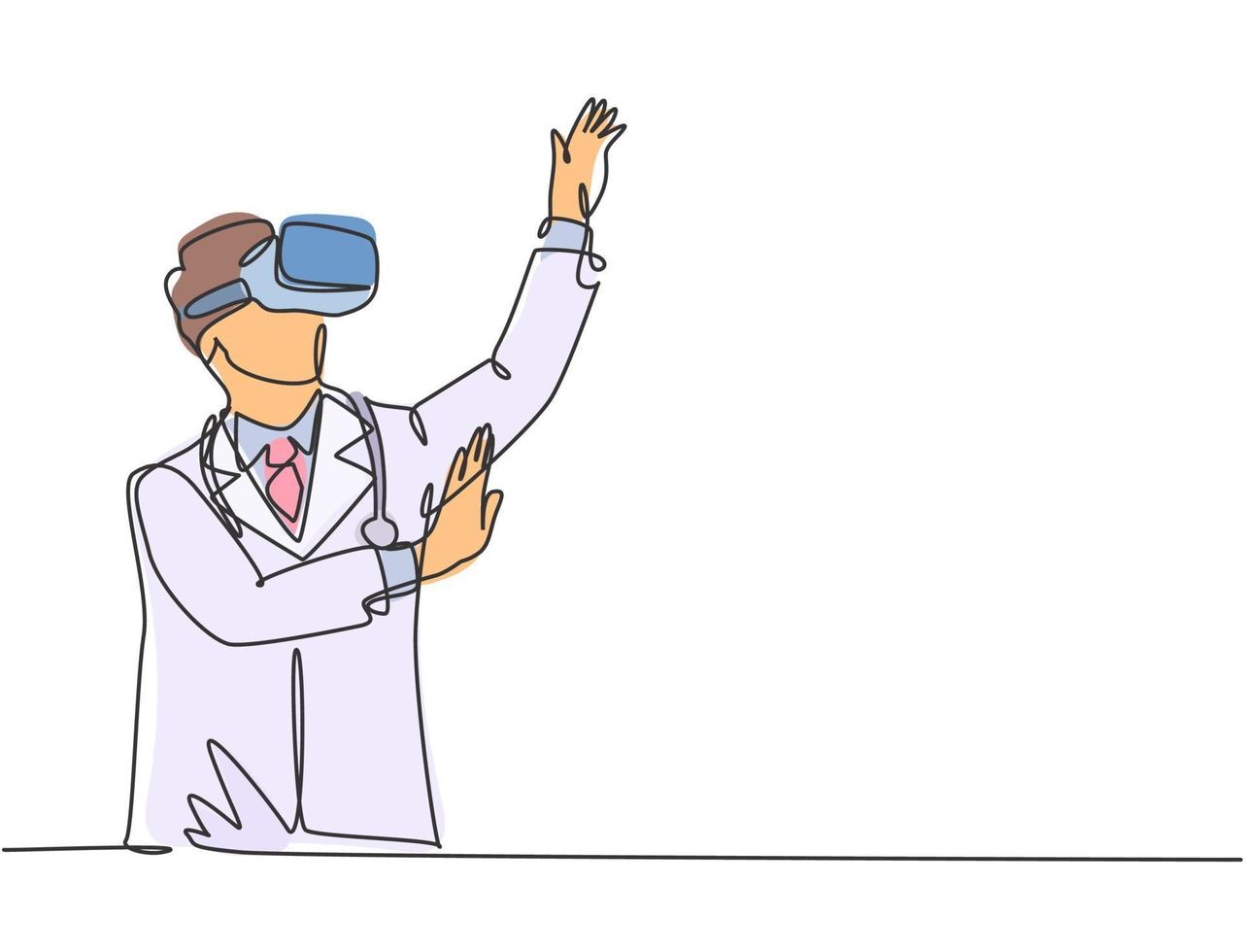 een doorlopende lijntekening van een jonge manager die met de vinger naar de top van de heuvel wijst tijdens het spelen van virtual reality-simulatie. moderne futuristische video game concept enkele lijn tekenen ontwerp vectorillustratie vector