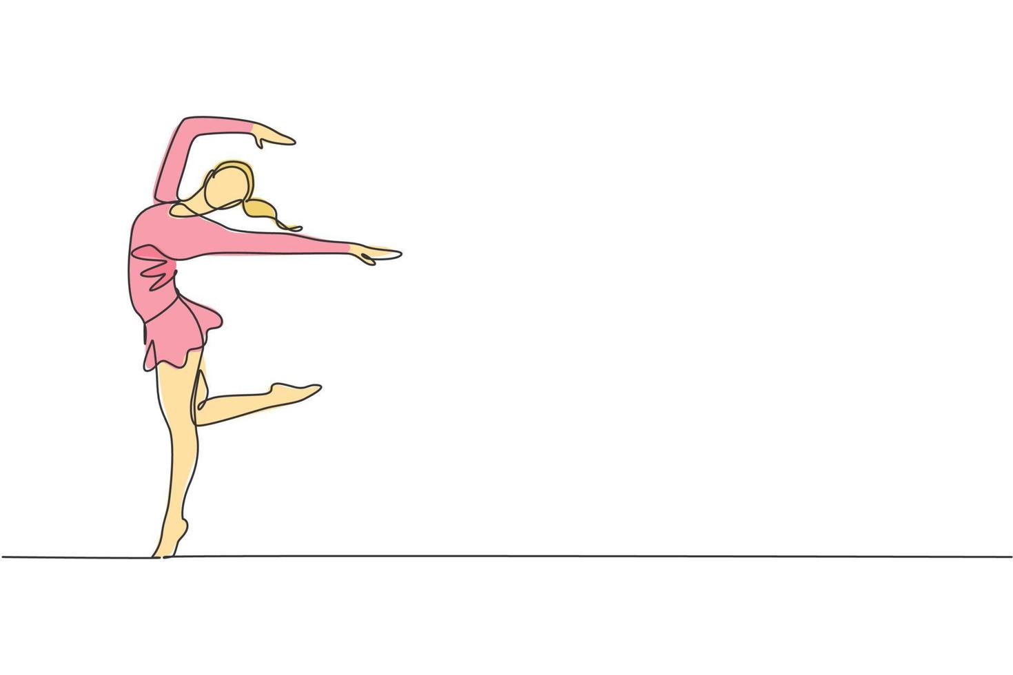 single doorlopend lijn tekening van jong schoonheid professioneel gymnast meisje uitvoeren verdieping oefening. ritmisch gymnastiek- opleiding en uitrekken concept. modieus een lijn trek ontwerp vector illustratie