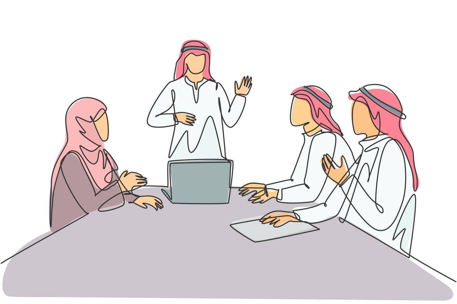 enkele doorlopende lijntekening van jonge moslimzakenman die voorstelzaken voorstelt aan potentiële investeerder. Arabische Midden-Oosten doek kandura, thawb, gewaad. één lijn tekenen ontwerp vectorillustratie vector