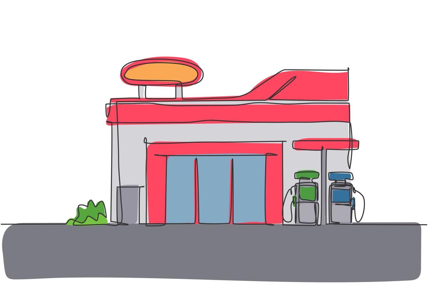 enkele lijntekening van de bouw van een tankstation op het platteland. tankstation service geïsoleerd doodle minimaal concept. trendy ononderbroken lijntekening ontwerp grafische vectorillustratie vector