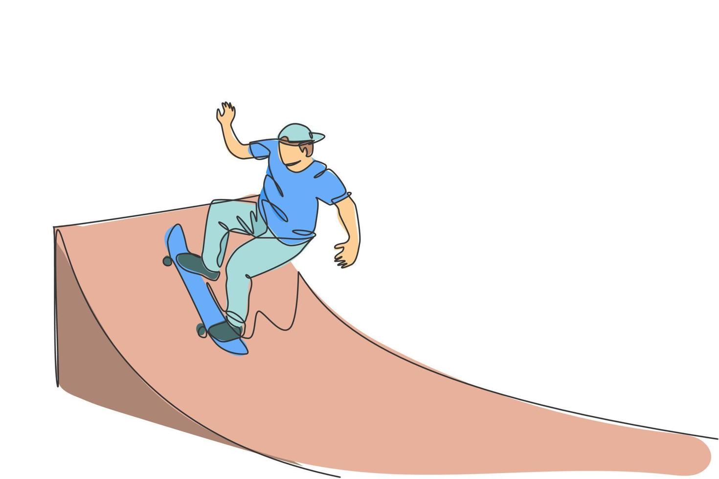 een enkele lijntekening van jonge skateboarder man oefening rijden skateboard op ramp board vectorillustratie. tiener levensstijl en extreme buitensport concept. modern ononderbroken lijntekeningontwerp vector