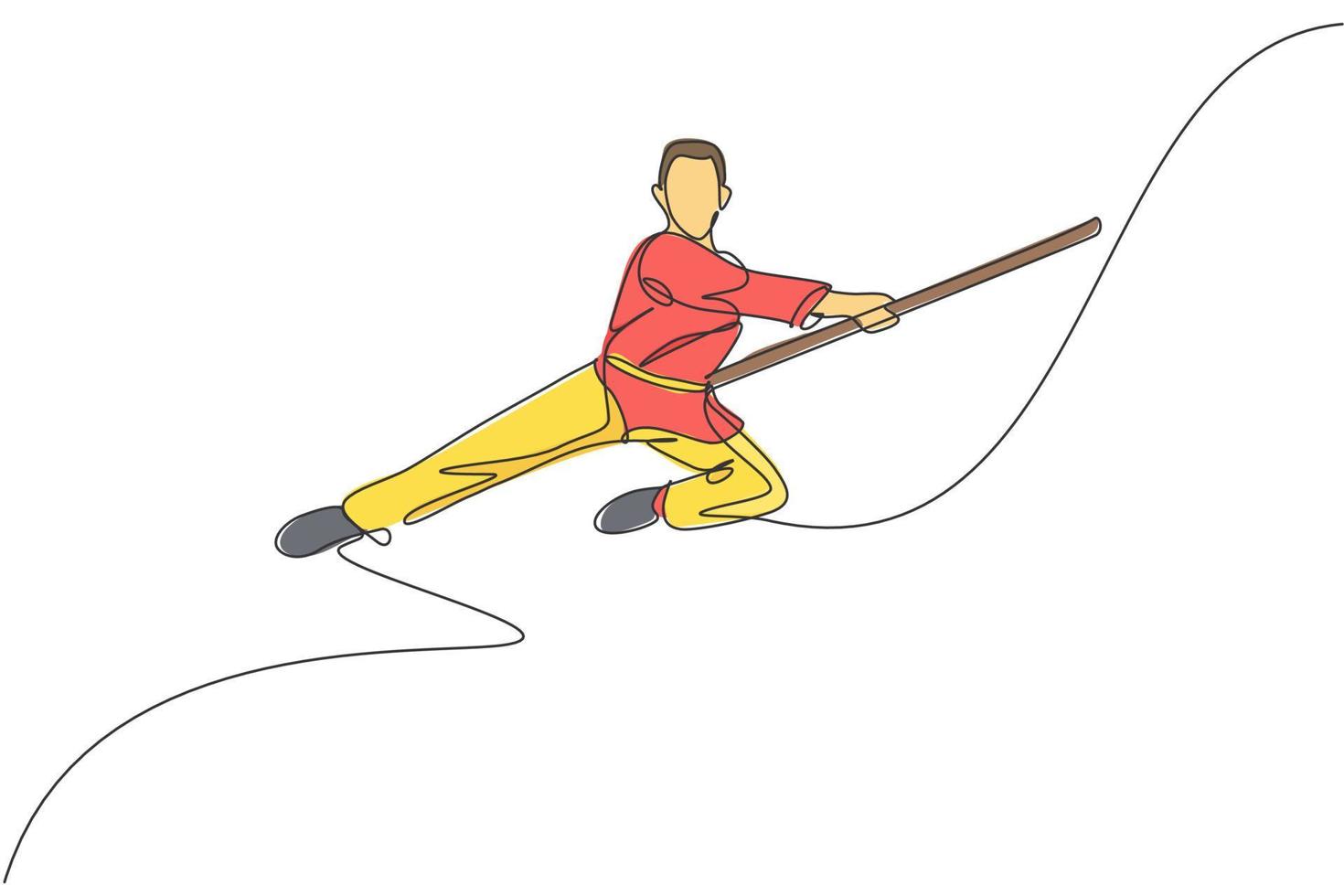 een doorlopende lijntekening van wushu-meester die springt, kungfu-krijger in kimono met lange staf op training. vechtsport sport wedstrijd concept. dynamische enkele lijn tekenen ontwerp vectorillustratie vector
