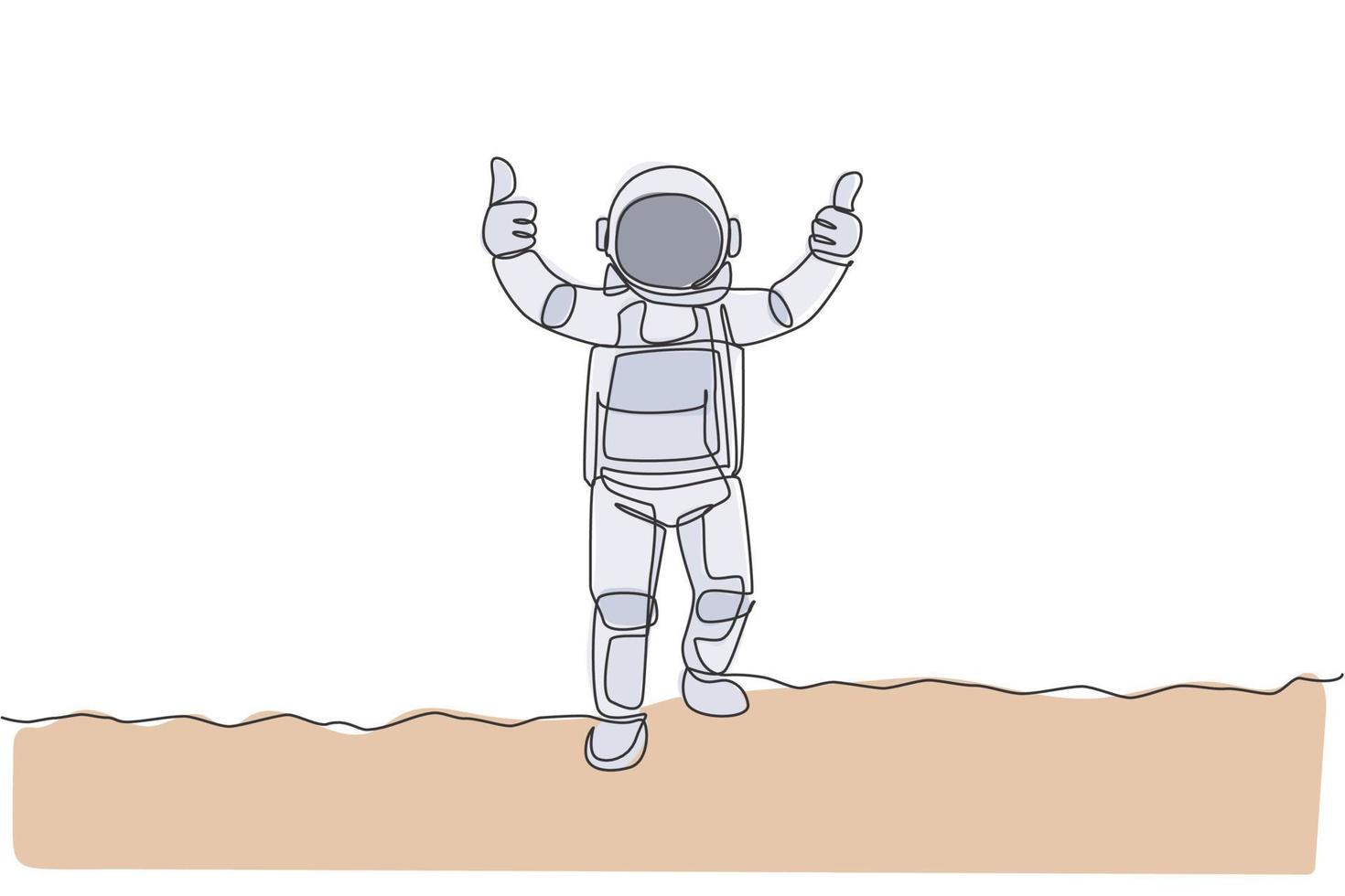 een ononderbroken lijn die jonge ruimtevaarder op ruimtepak trekt die duimen omhoog gebaar in maanoppervlak geeft. astronaut zakelijk kantoor met deep space-concept. enkele lijn tekenen ontwerp grafische vectorillustratie vector