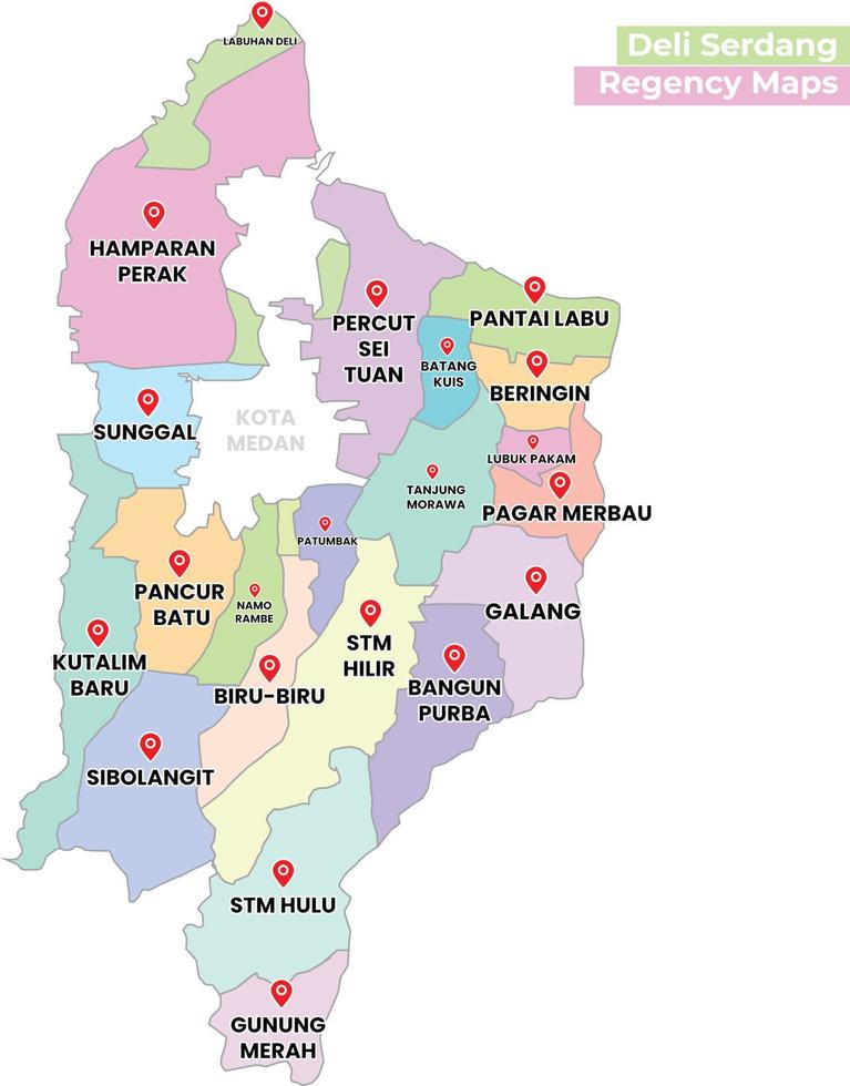kaart van deli serdang regentschap, noorden sumatra, Indonesië vector