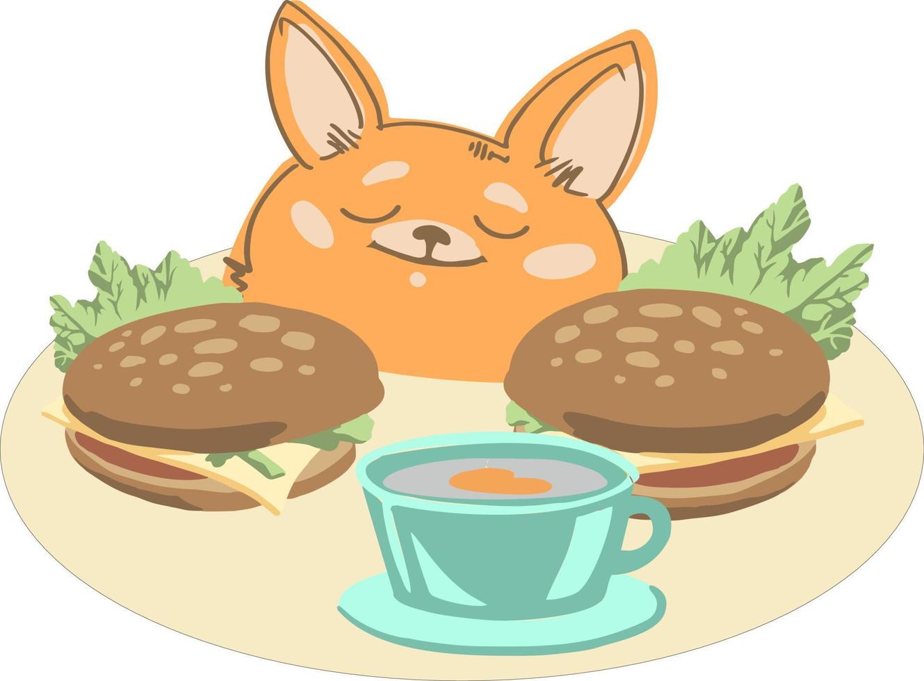 illustratie van een schattig vos aan het eten een hamburger en een kop van thee vector